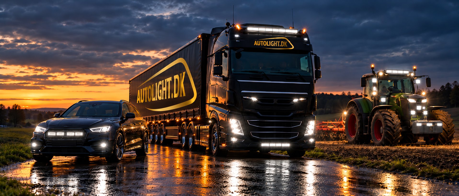Autolight.dk LED-belysning på bil, lastbil og traktor i tusmørke