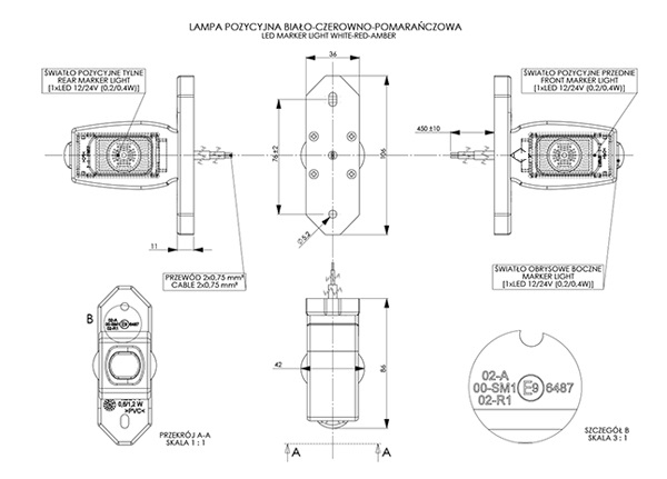 Sidemarkeringslygte LD534 triple kort 12/24 V